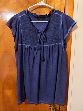 Lane Bryant Navy Smocked Tassel Peasant Top